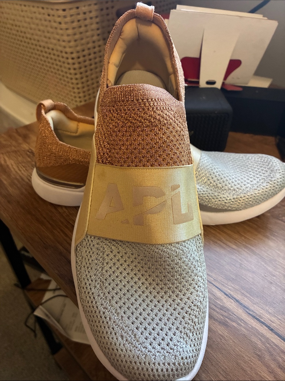 APL Slip-On Sneakers in Metallic Gold & Light Gray Knit